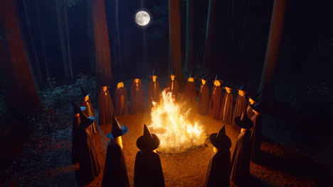 witches' coven gathering around a bonfire in a dark forest under a full moon