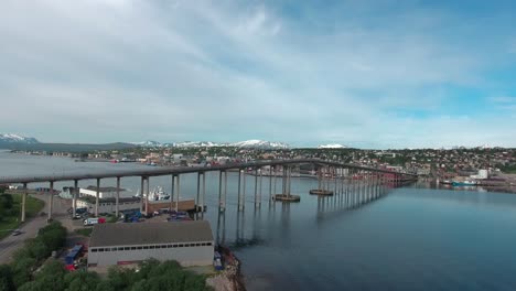 Bridge-of-city-Tromso,-Norway-Aerial-footage