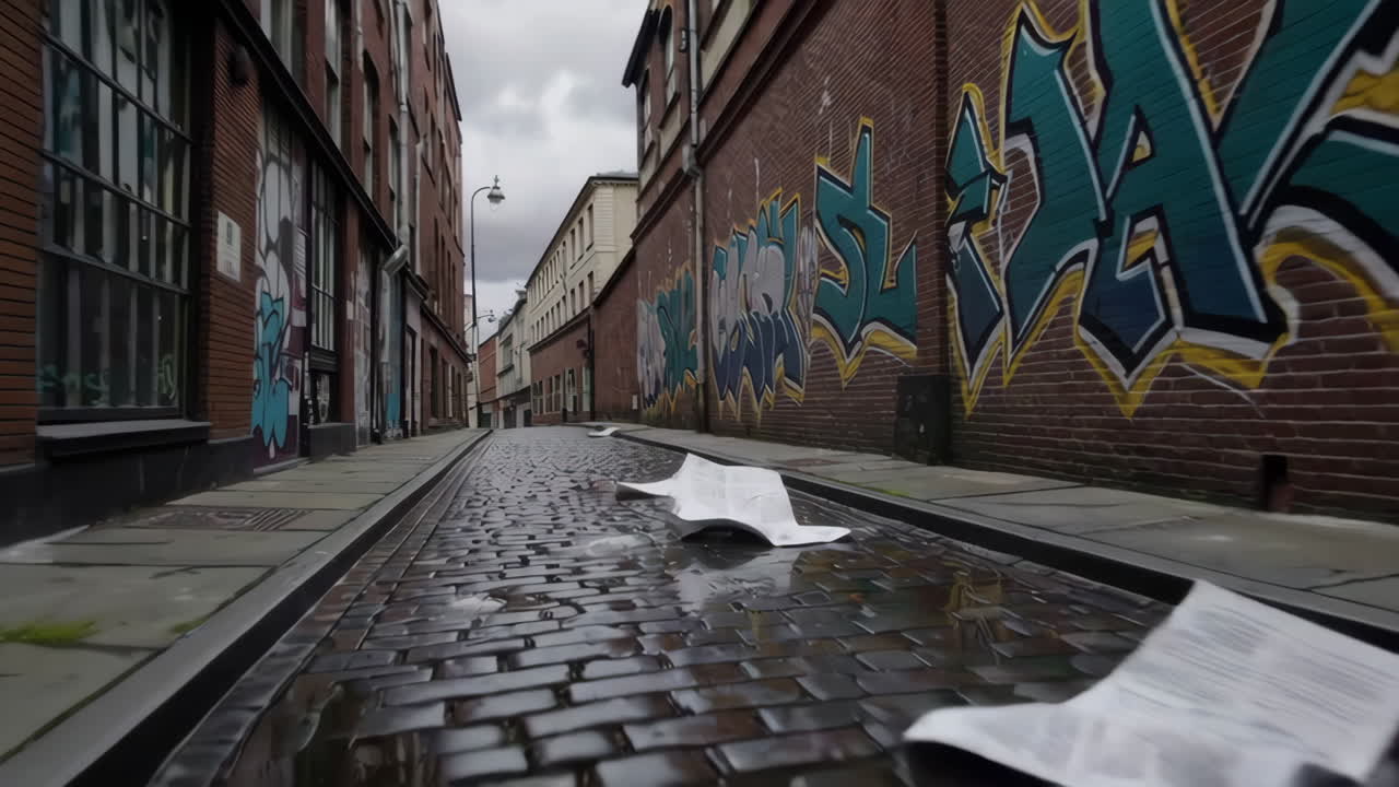 Urban Alleyway with Graffiti and Puddles