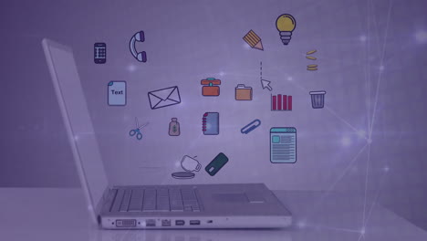 laptop displaying colorful office icons floating above screen in animation style