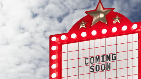signo retro con la palabra que viene pronto sobre las nubes moviéndose rápido