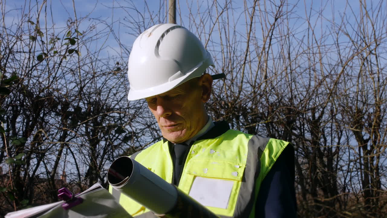 fotografía en movimiento de un inspector de construcción de arquitectos inspeccionando un sitio de construcción con un clip board y planos arquitectónicos