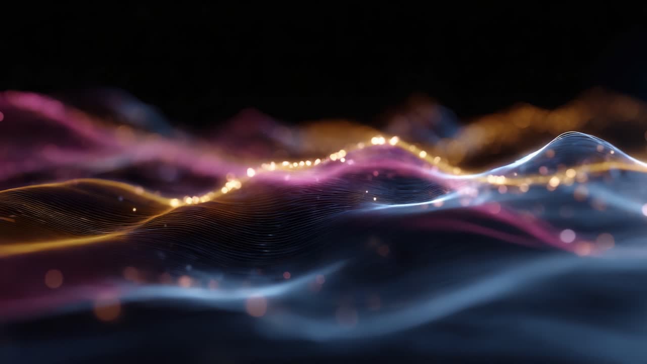 Et fascinerende landskab af farverige, glødende bølger fyldt med funklende lys, der skaber en fortryllende atmosfære af levende energi i digital abstrakt form.
