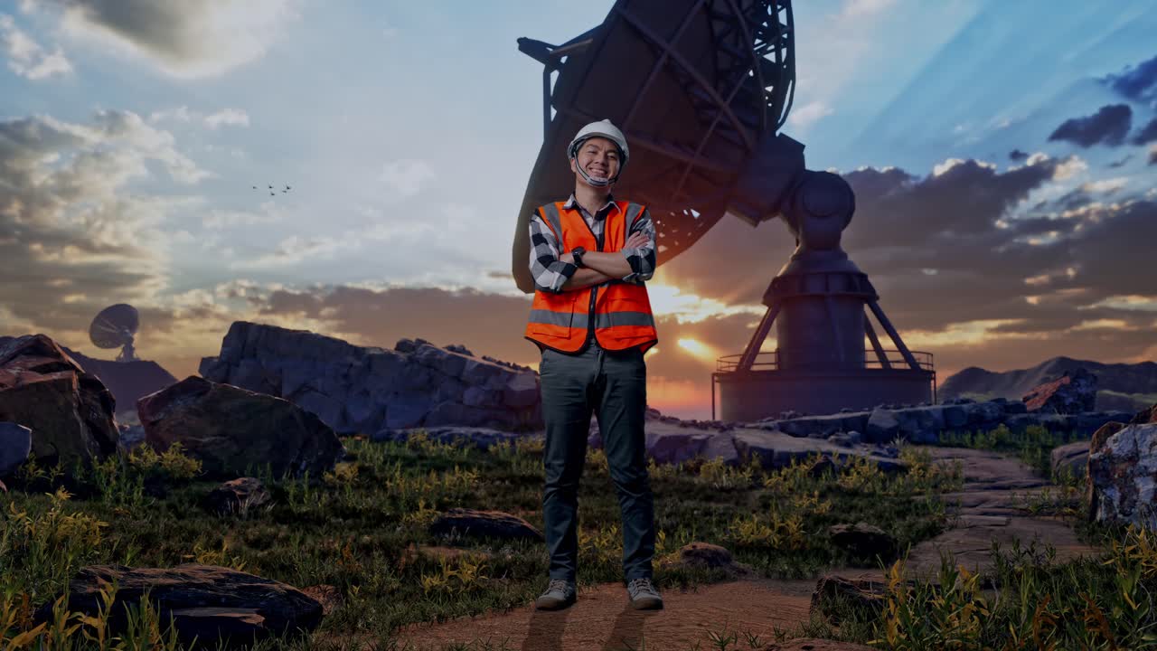 Full Body Of Asian Male Engineer With Safety Helmet Crossing His Arms And Smiling To Camera While Standing With Large Satellite Dish