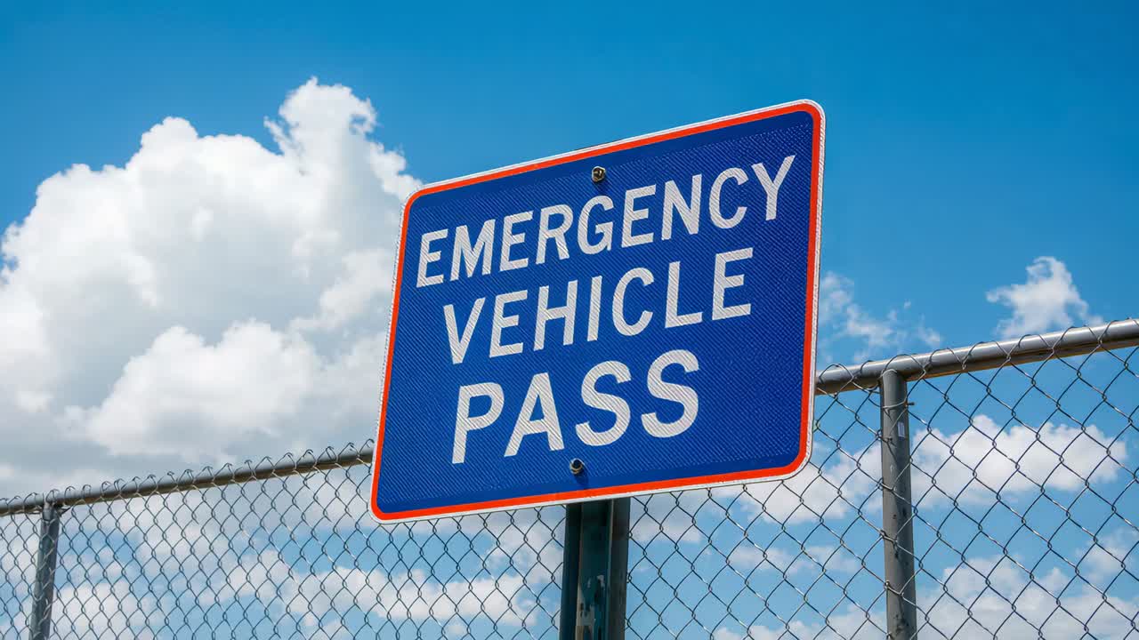 Tilting camera nudging closer, EMERGENCY VEHICLE PASS sign staying bolted to post, chain-link fence