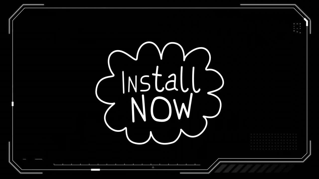 Digital frame with Install Now text in white cloud shape on black background
