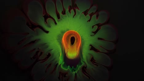 my camera finds a beautiful green face with an orange eye-mouth (my camera sneaks out at night without me)  -  for more, search  "abstractvideoclip" using the quotation marks