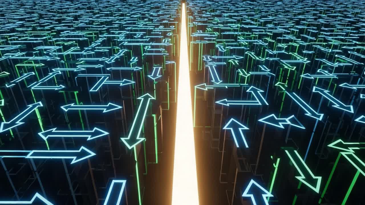 A mesmerizing digital landscape featuring glowing arrows in a vast, intricate maze, showcasing layers of direction and movement leading towards a bright central pathway