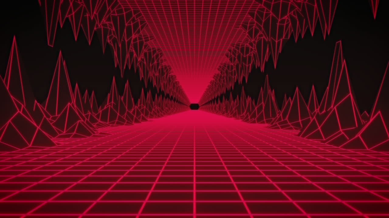 빛나는 빨간색 그리드 터널의 애니메이션이 끊임없는 루프로 움직입니다.