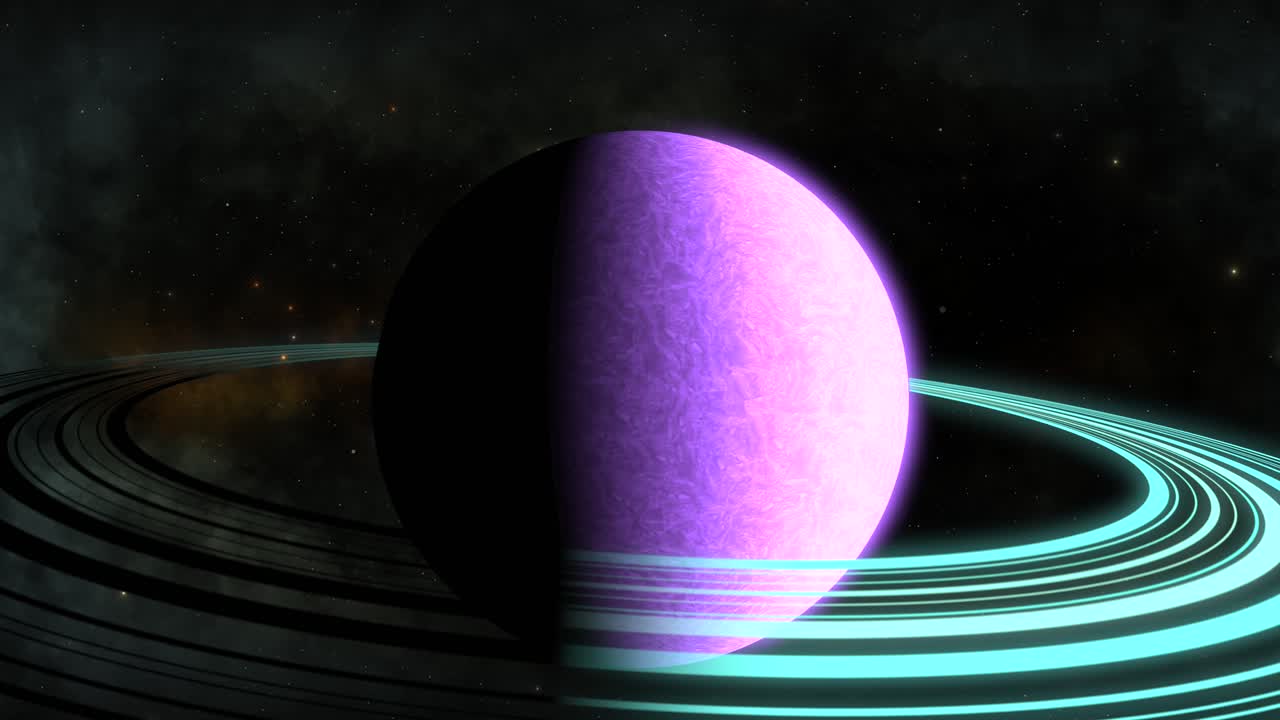 zoom cgi hacia un planeta alienígena púrpura similar a saturno con anillos azules frente a la nebulosa nublada negra, espacio, vista amplia