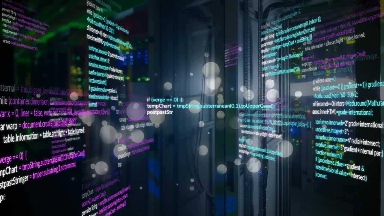 Animation of data processing and light spots over server room on black background