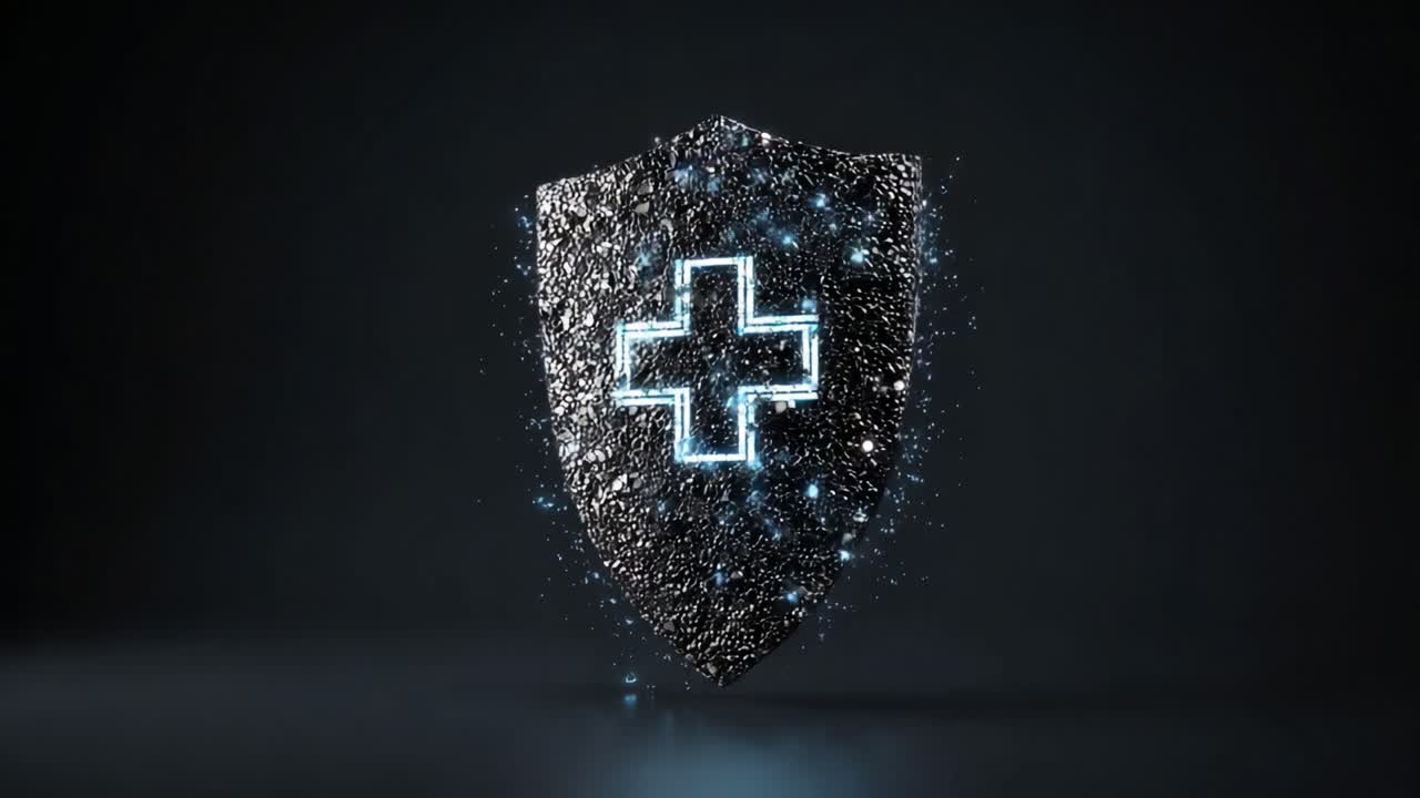 An illuminated shield with a medical cross symbol emerges in a stunning visual effect, representing health, protection, and safety in a futuristic digital realm