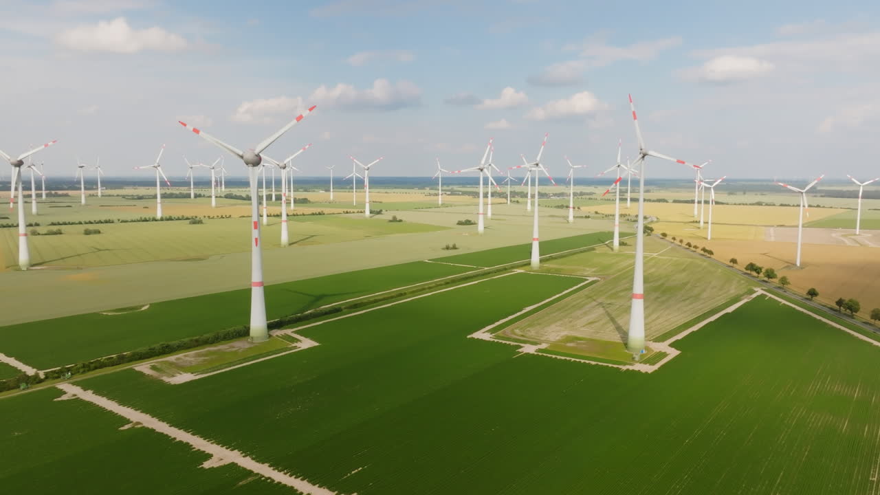 Aerial view of many wind power turbines on the countryside, summer day in Germany