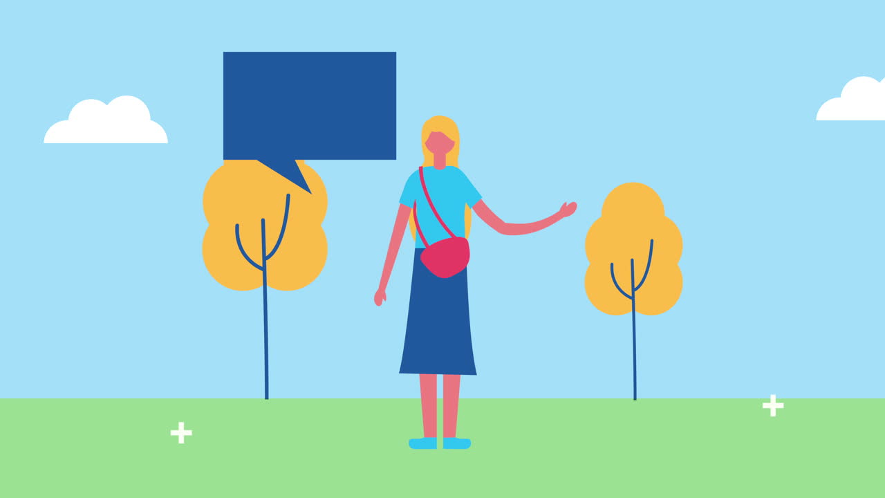young woman with speech bubble in the field