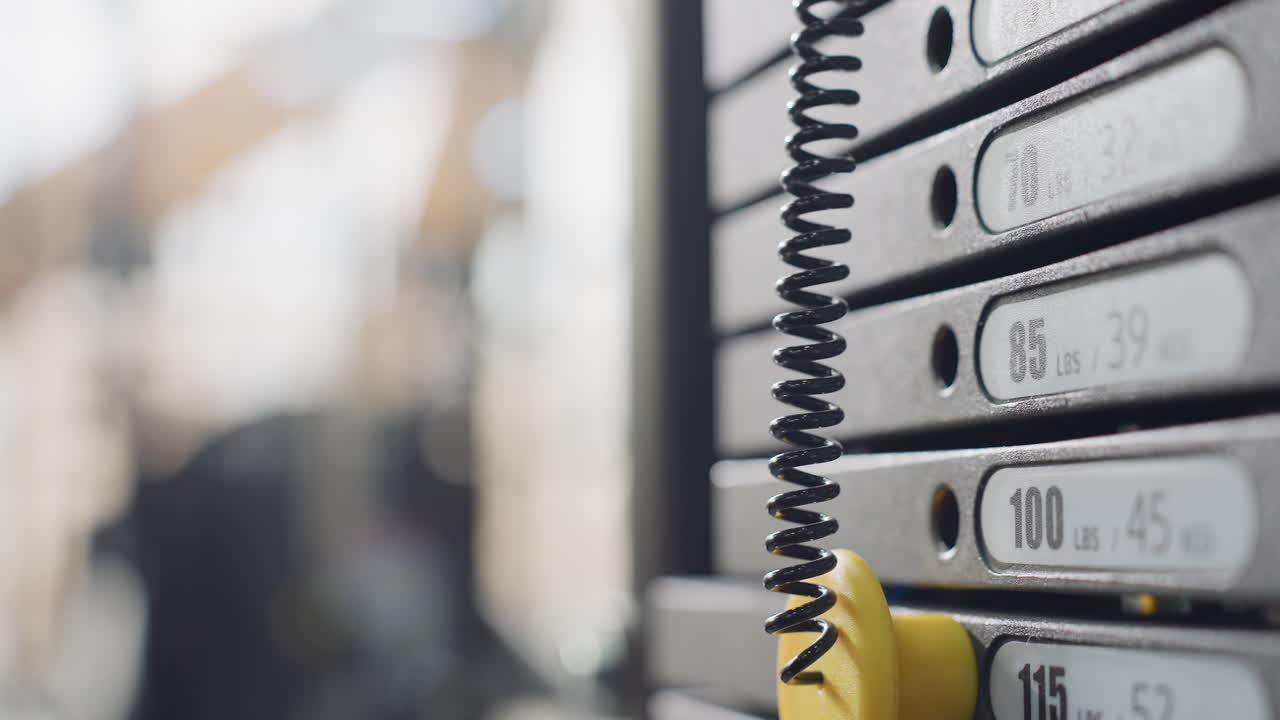 Guy hand inserts pin into lower plate of weight stack on cable machine in modern gym ensuring correct resistance before workout begins through precise adjustment process