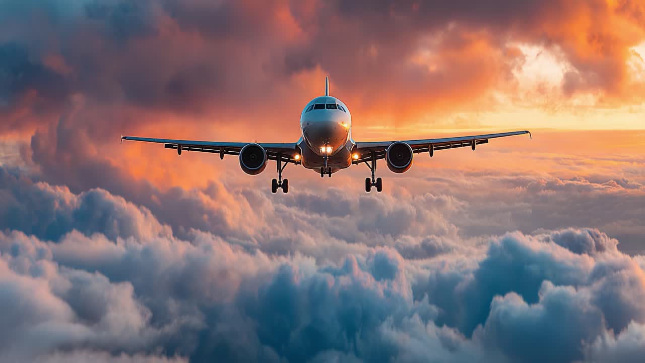 Un aereo vola nel cielo al tramonto, catturando la bellezza del volo mentre si avvicina all'orizzonte circondato da nuvole soffici