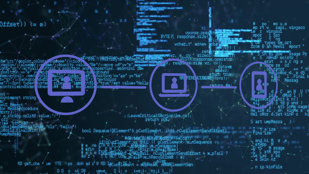 Digital communication icons connected by lines over network connections animation