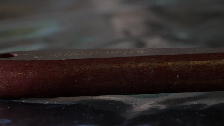 Panoramica su un manico in legno su superficie riflettente nera che conduce a una spatola per mescolare i colori.