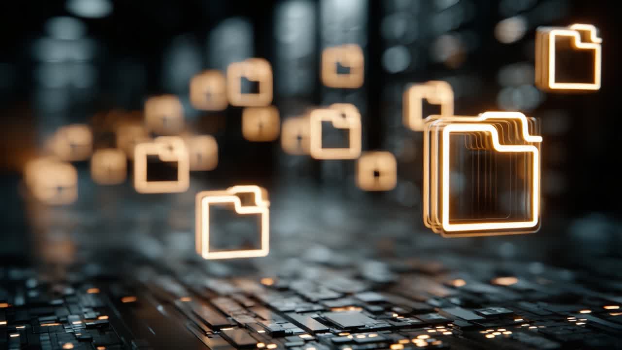 Dynamic Visualization of Digital Folders Floating in an Abstract Data Environment, Showcasing the Modern Digital Storage Landscape and Organizing Mechanisms