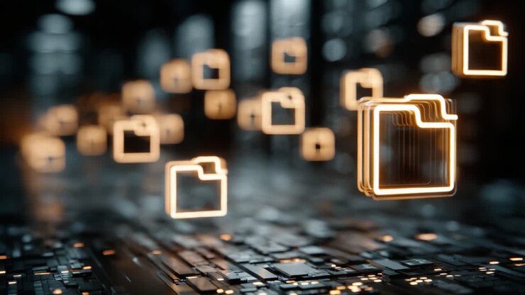 Visualizzazione dinamica di cartelle digitali fluttuanti in un ambiente di dati astratto, che mostra il moderno panorama dell'archiviazione digitale e i meccanismi di organizzazione