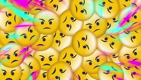 animación digital de ondas digitales coloridas sobre emojis de caras enojadas que caen contra la televisión efecto estático