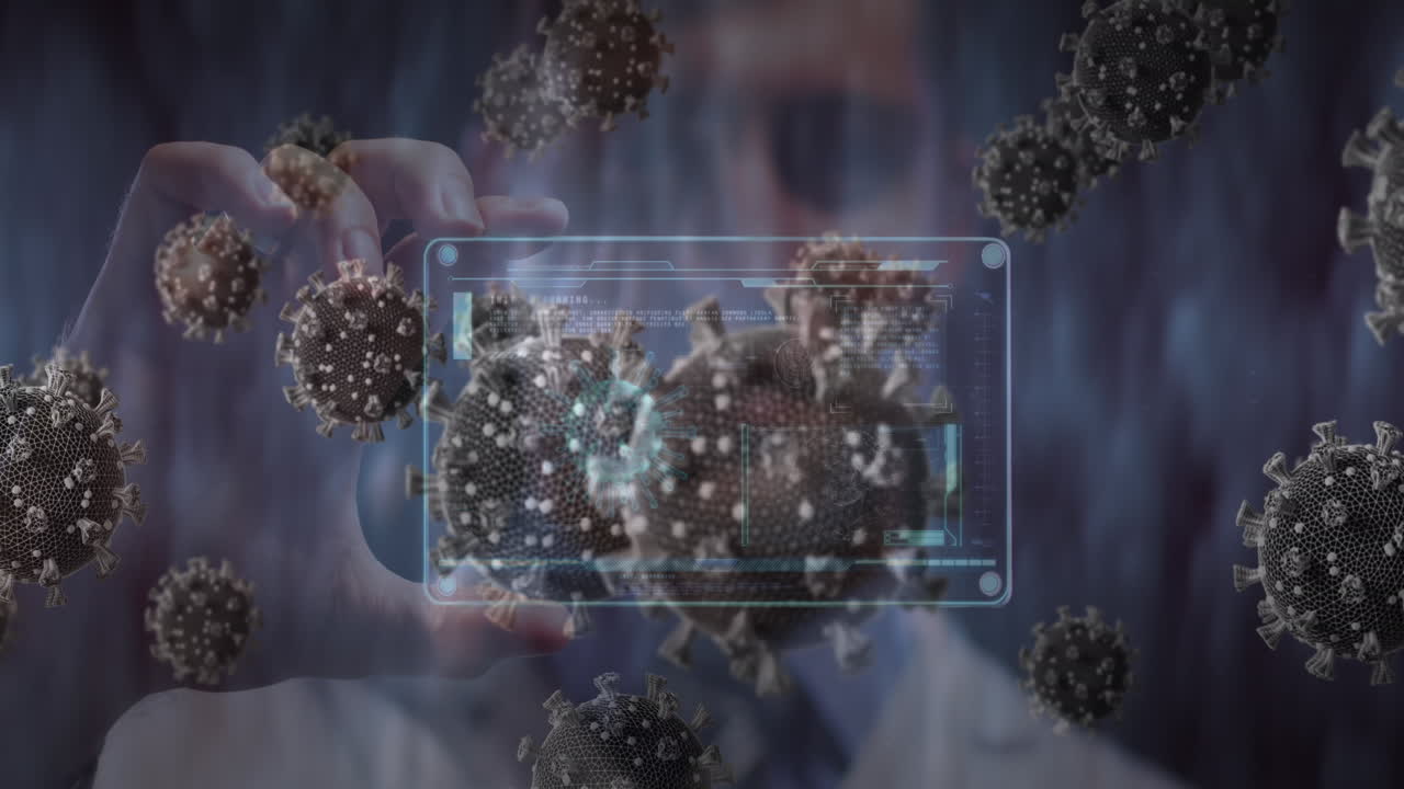 animación de células covid sobre la pantalla de retención del médico masculino con procesamiento de datos médicos