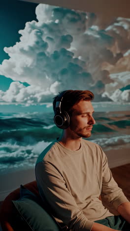 man listening to music with headphones in a room with a projected painting of clouds and ocean waves