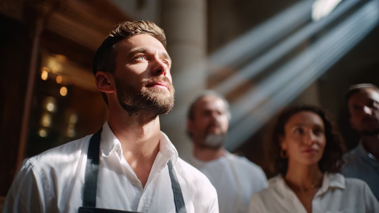 A Moment of Contemplation: A Man Stands Surrounded by Others, Absorbing the Light Streaming Through Windows, Signifying Hope and Reflection in a Soulful Environment of Serenity