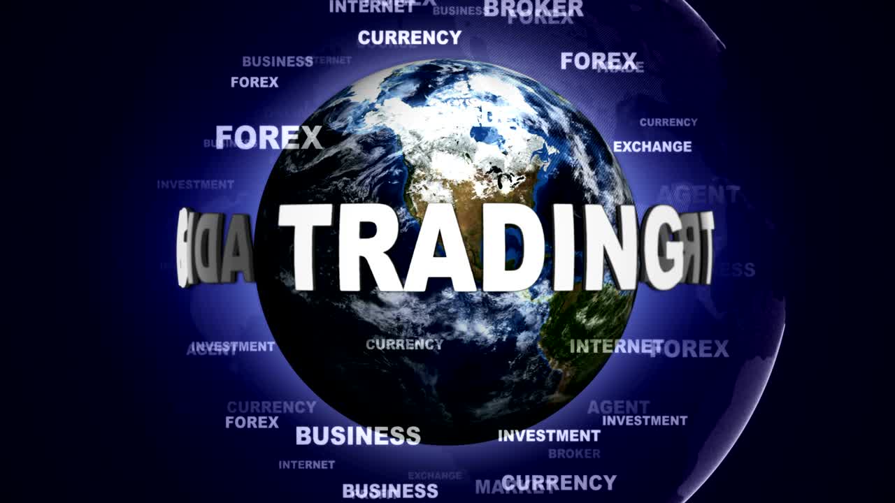 TRADING textanimering med nyckelord och jordklot, loop