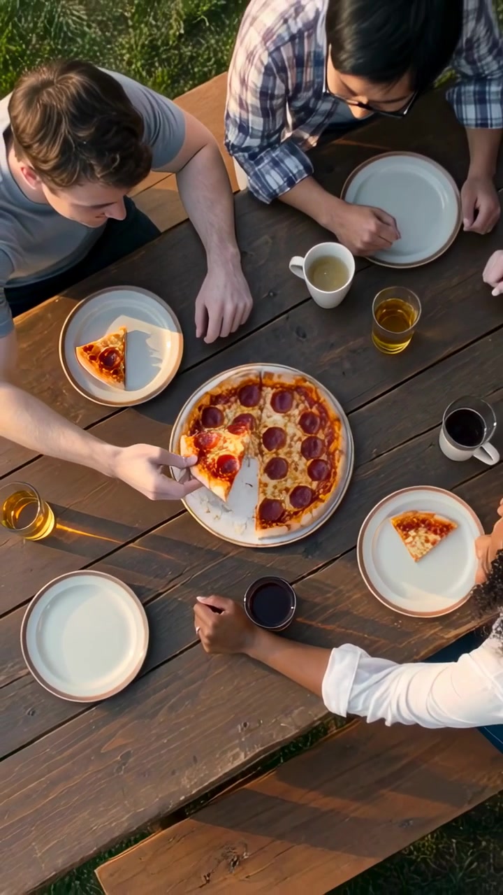 Video verticale: Uomo con maglietta grigia che si allunga a sinistra per prendere una fetta di salame piccante a un tavolo da picnic per mangiare.