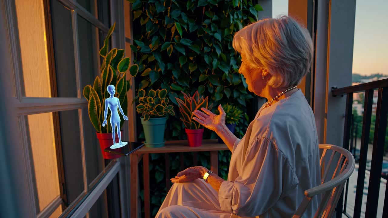 고령 여성이 발코니에서 홀로그램과 상호 작용합니다.