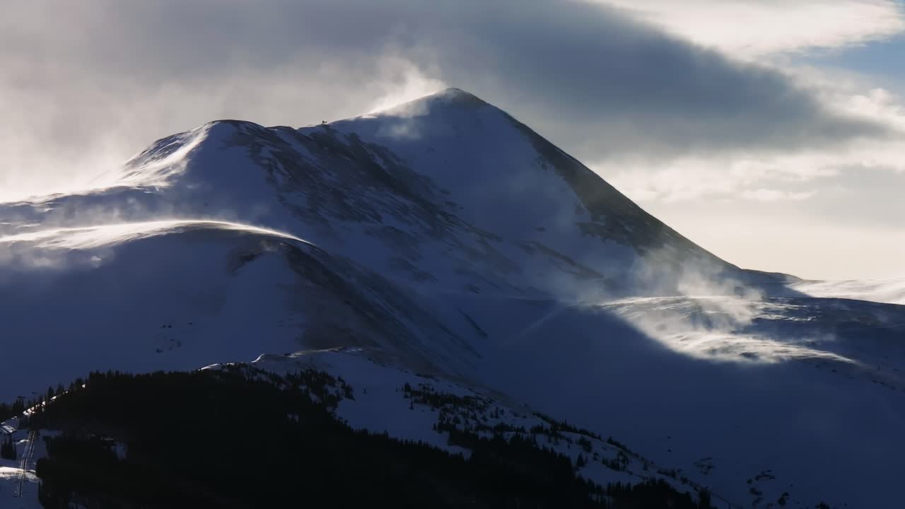 Imperial Express Superchair 4th of July Bowl Breckenridge Ski Resort Colorado aerial drone sunset golden hour late afternoon high wind Quandary Peak ski snowboard trail Epic Pass Vail runs static shot