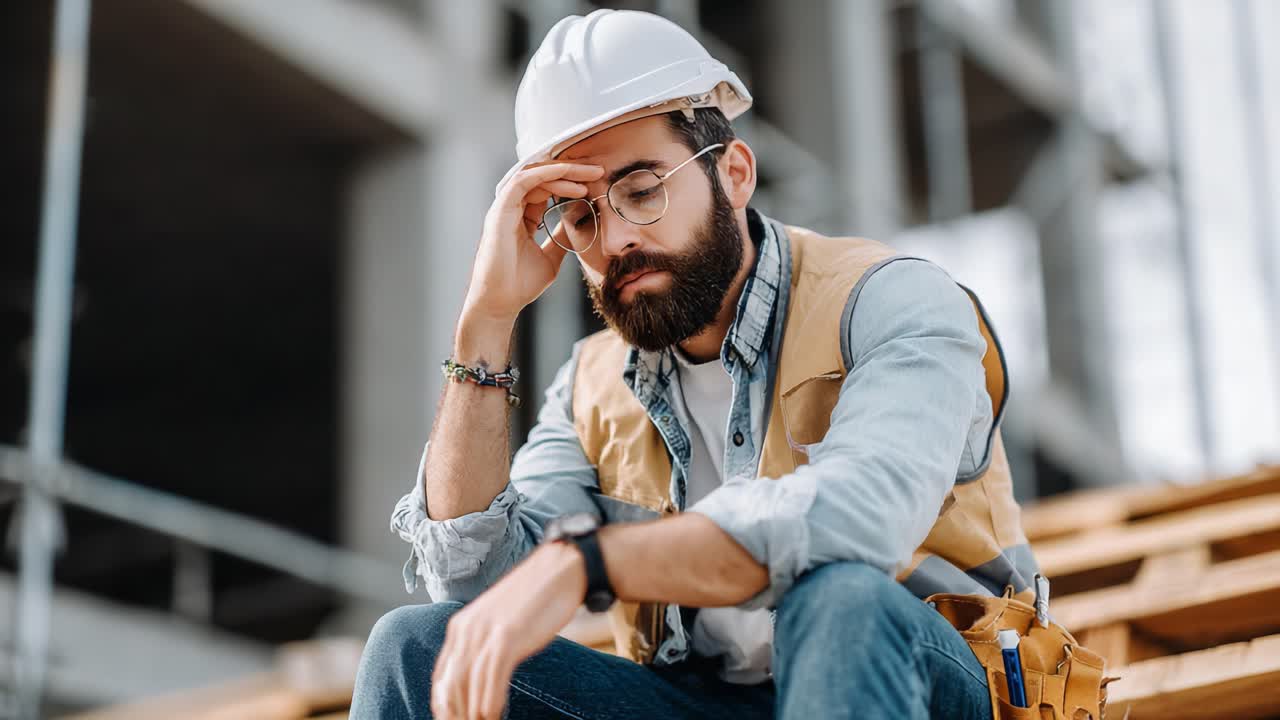 A Construction Worker Pauses Reflectively on Site, Capturing the Heavy Weight of Responsibility amidst a Busy Work Environment