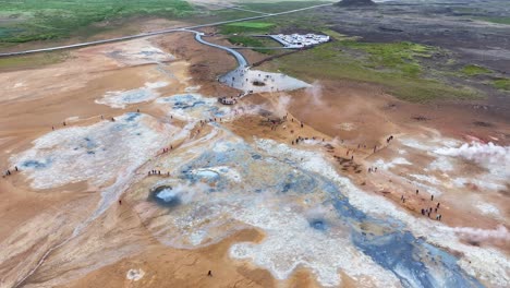 aerial view of vapor and geysers in geothermal area of iceland, drone shot