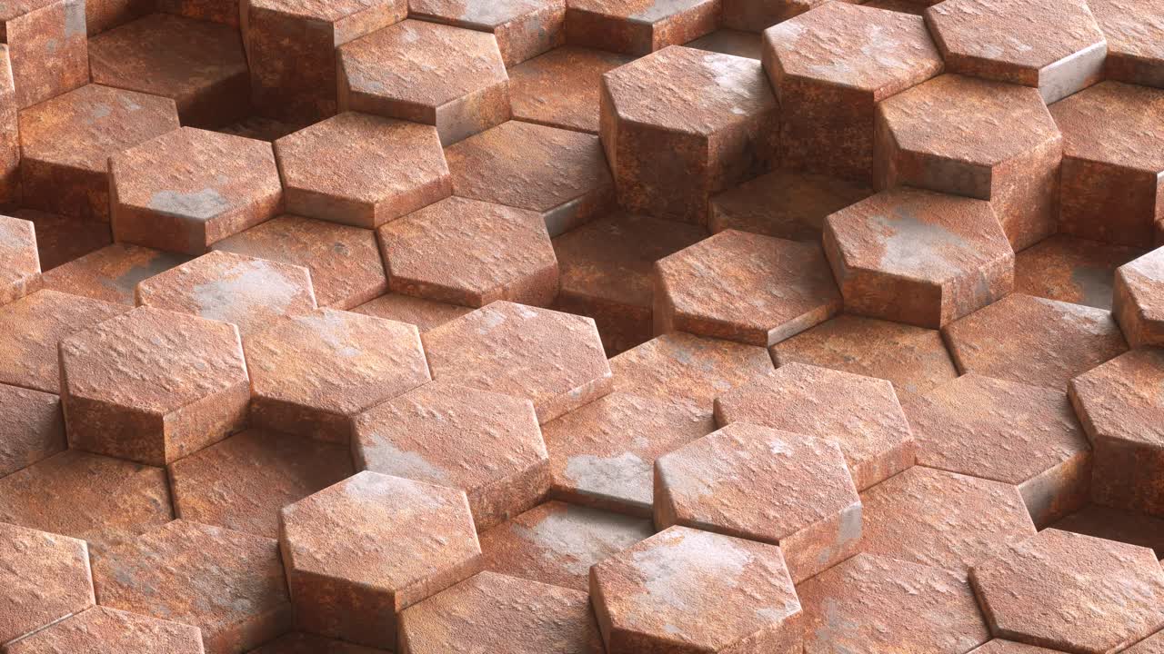 3d animation loop rust metal hexagon tiled wall as geometric background