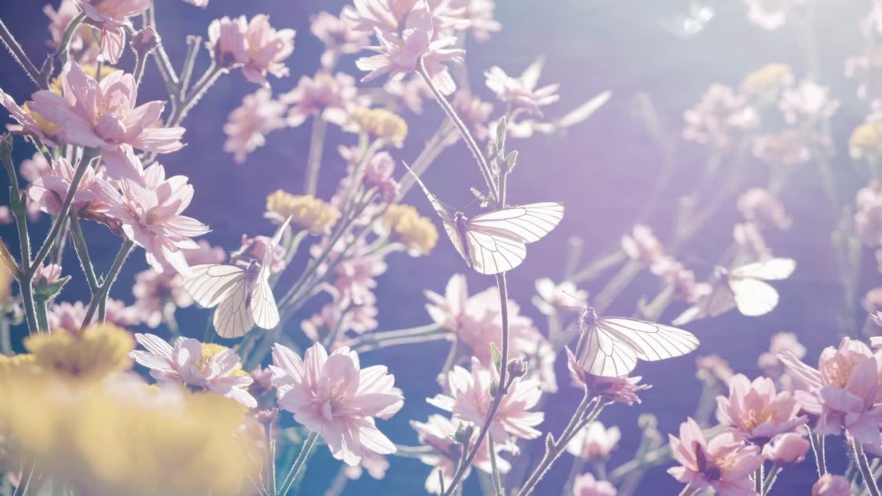 The video captures ethereal butterflies fluttering among soft pink flowers, creating a dreamy