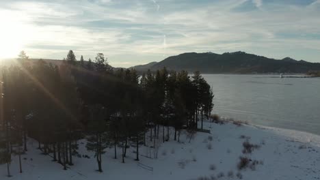 aerial flyover trees on the shore of a frozen lake at sunset. 4k