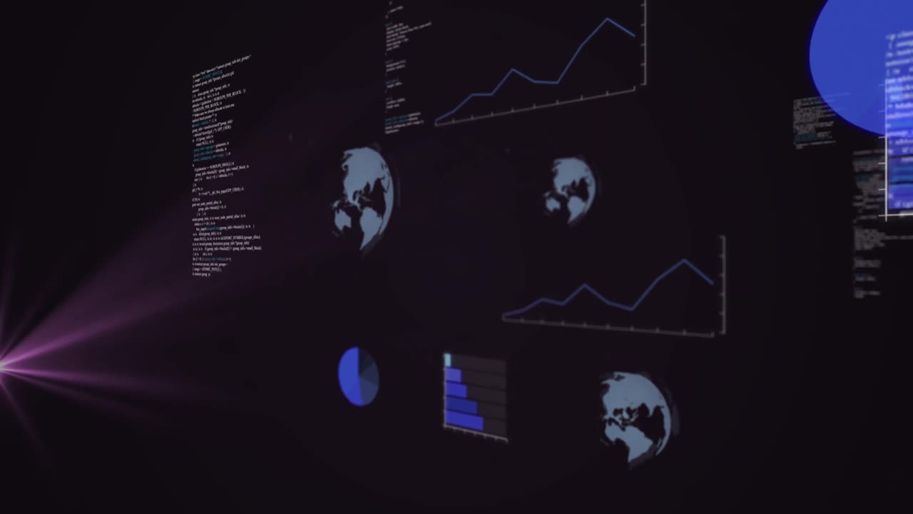 Animation of data processing and purple light spot against black background