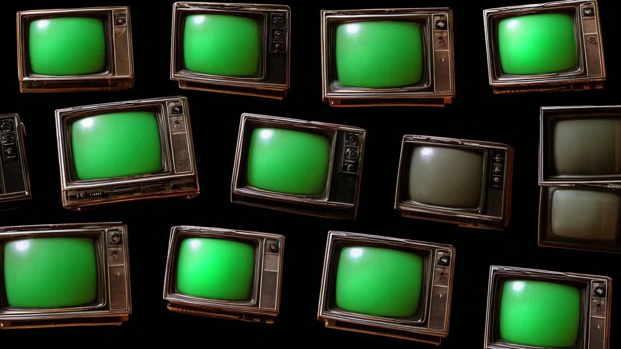 An Artistic Display of Vintage Televisions Featuring Shimmering Green Screens, Showcasing the Contrast of Old Technology Against a Dark Background, Captivating Viewers With a Nostalgic Visual Experience