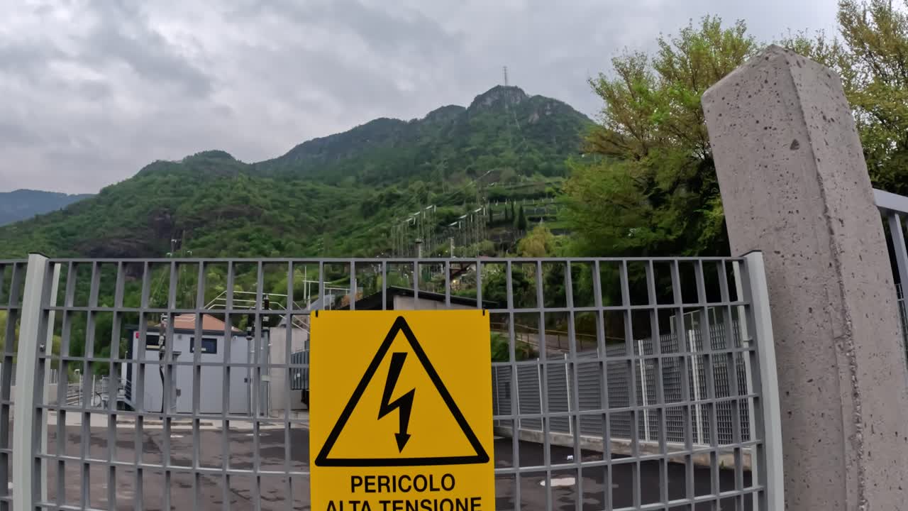 Warning sign on a fence near Bolzano, with green hills leading to Castel Roncolo.