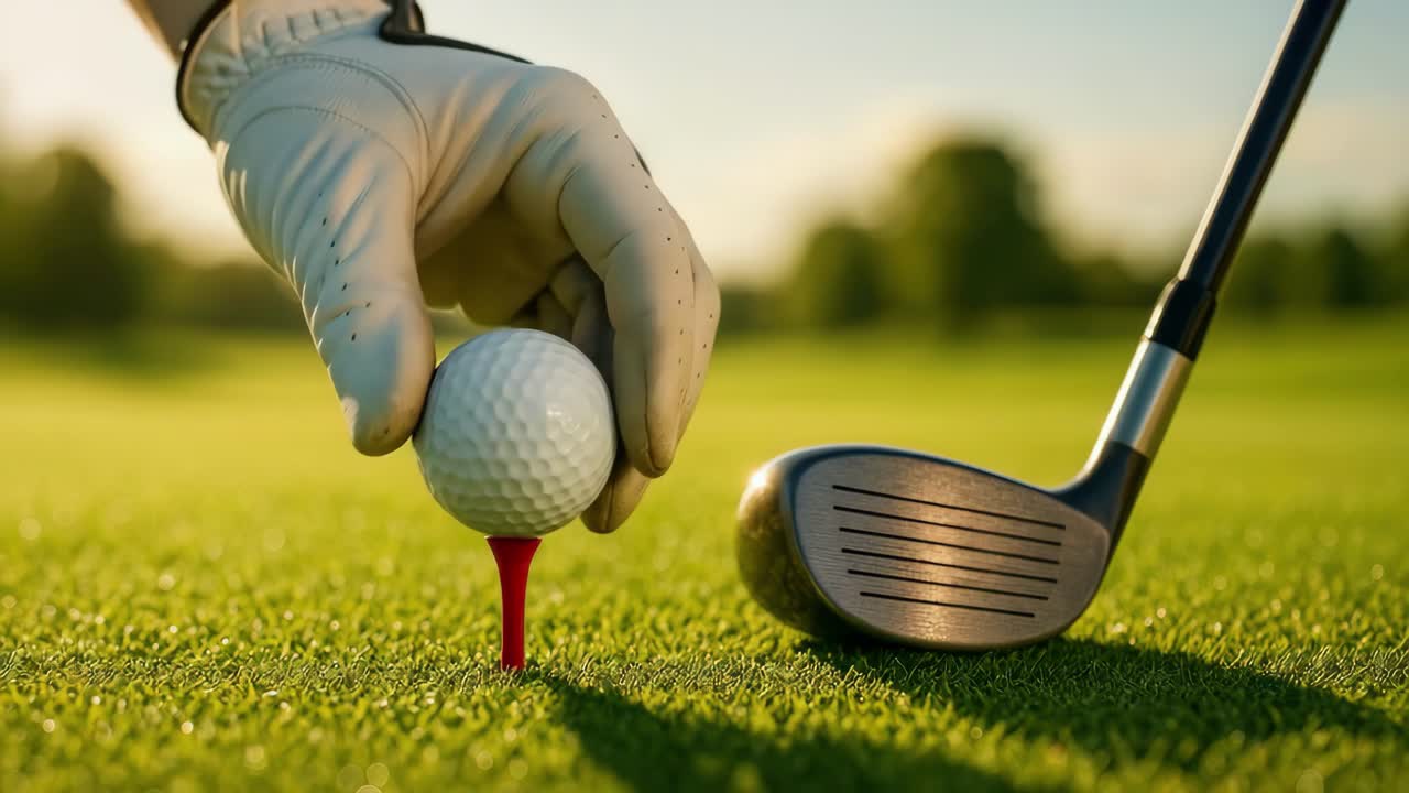 Primo piano, inquadratura dal basso di una mazza da golf e un tee su un campo soleggiato, per catturare l'attesa