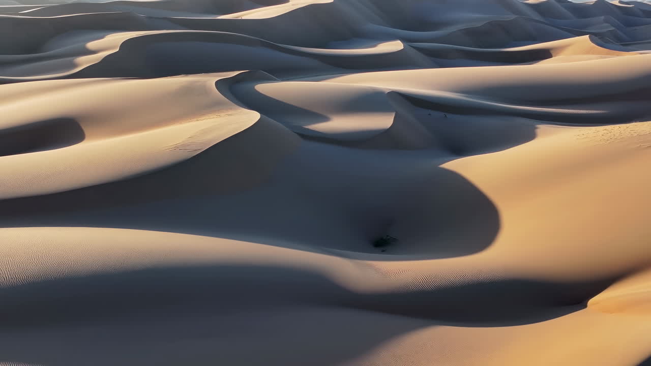 Dune del deserto aeree all'alba, morbida luce dorata scolpisce ampie creste di sabbia e ombre nette.