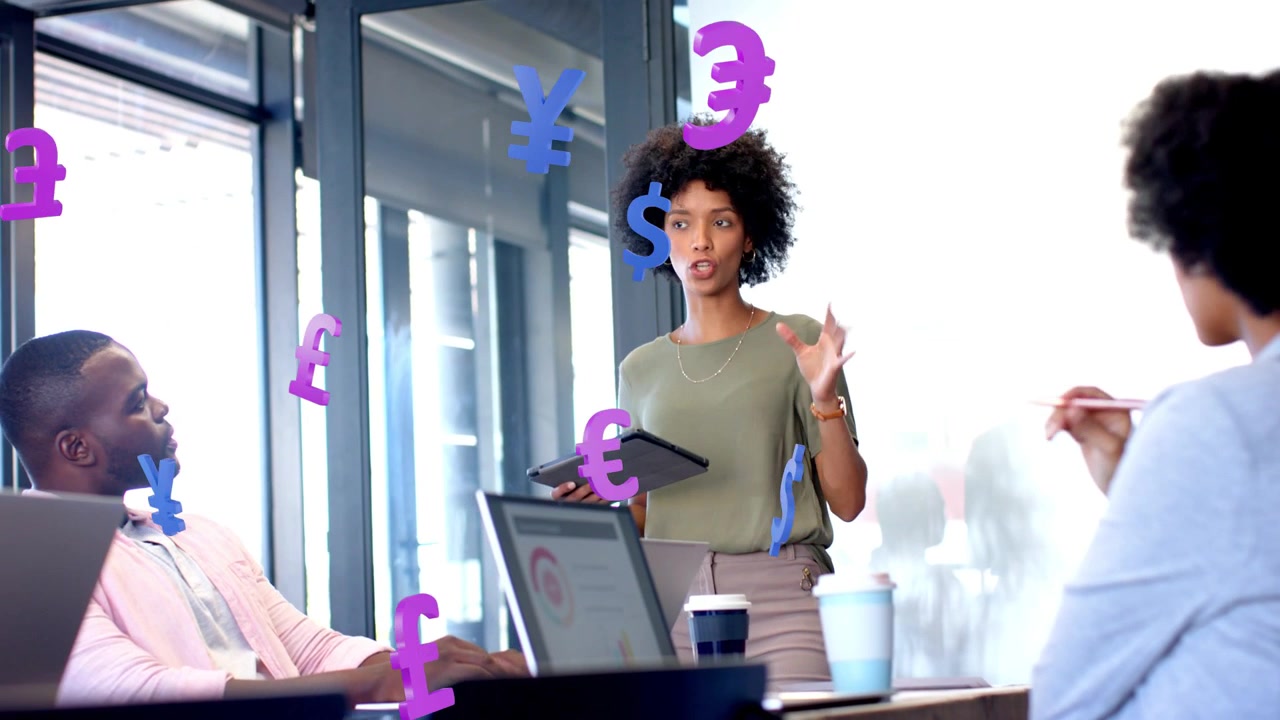 Standing woman tapping tablet and presenting finance in meeting, animated currency icons rising
