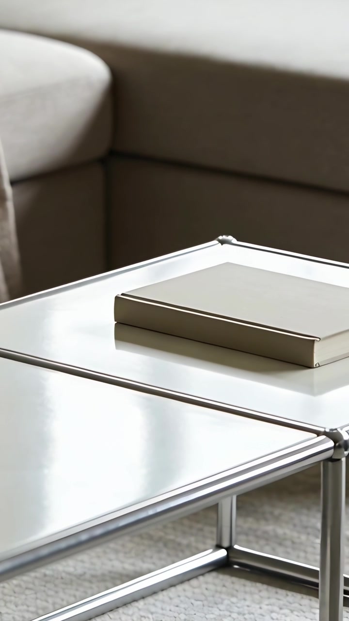 Vertical video: Moving camera revealing lower table and rug in living room corner, with beige book