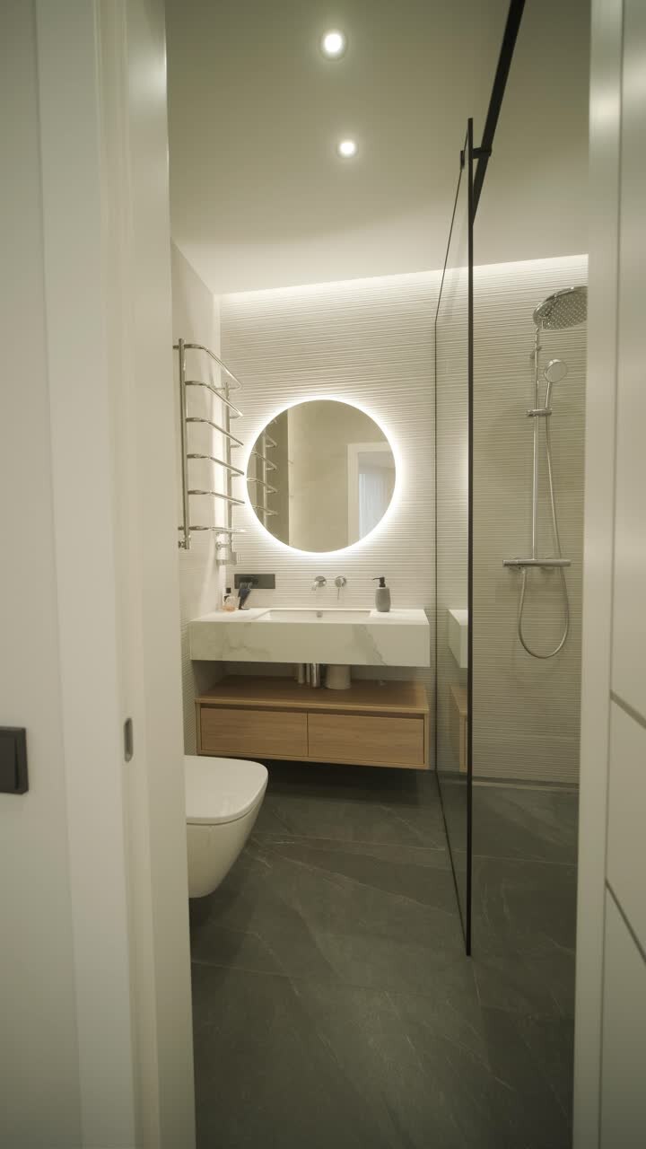 Modern minimalist apartment interior featuring simple decor, neutral tones, and clean lines. The design emphasizes functionality, creating a serene and organized living space.