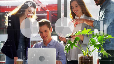 animation of statistical data processing over diverse man and woman discussing over laptop at office