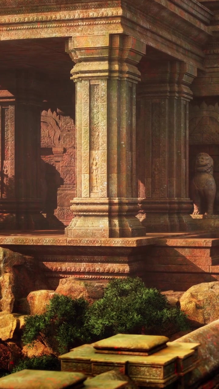 Antica struttura di tempio con intagli dettagliati e una scultura di leone in pietra