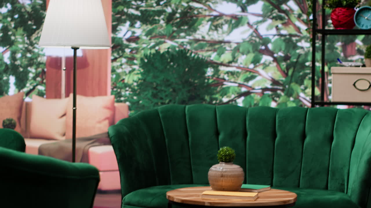 элегантная пустая комната в квартире с современной зеленой мебелью, уютная планировка