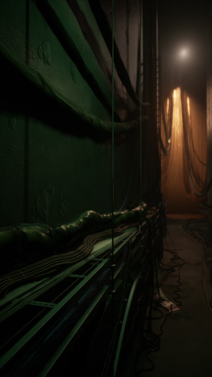 케이블과 파이프가 있는 어두운 미래적인 복도