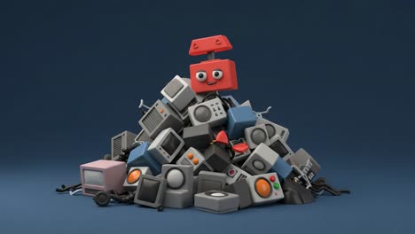 a creative character emerges from a whimsical pile of vintage electronics, showcasing playful shapes and colors in a fun, cartoonish style